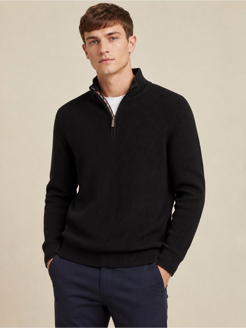 Ben Sherman Men's Black Quarter Zip-Up Sweater Size Large